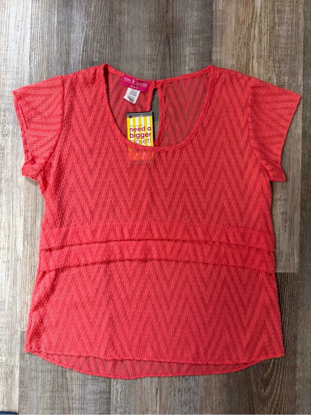 Sam & Jeanie Coral Sheer Chevron Short Sleeve Shirt